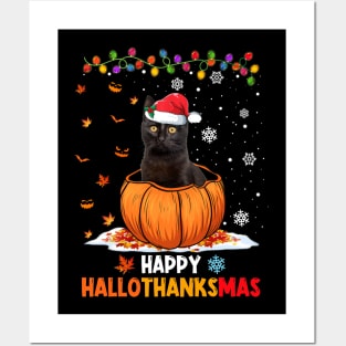 Black Cat On Pumpkin Happy Hallothanksmas Posters and Art